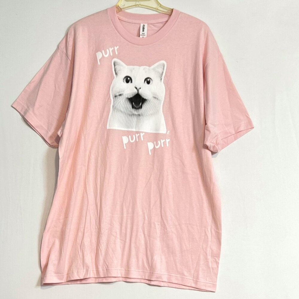Purr Purr Purr Kitty Womans Graphic Tee T-Shirt Pink White Cat Lady Box Size XL